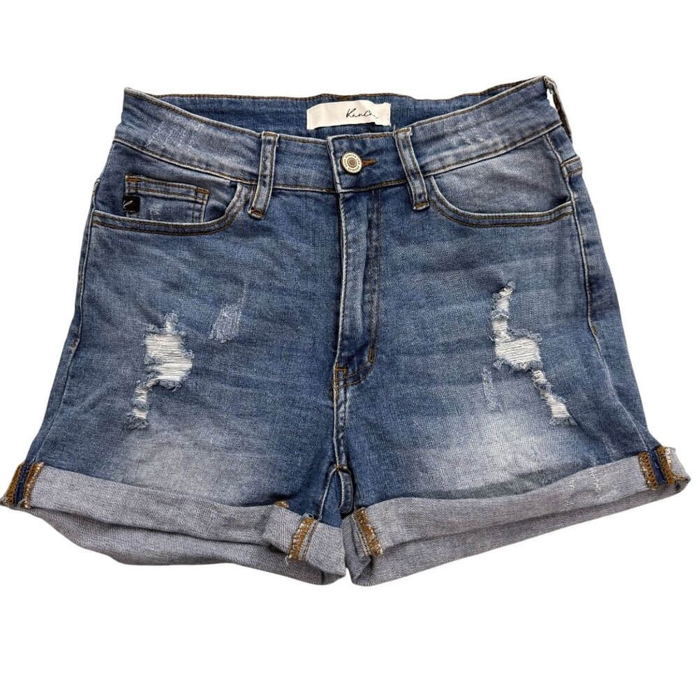 KanCan Denim Shorts Womens 7/27 Distressed Blue Jean Cuffed Stretch Grunge Faded